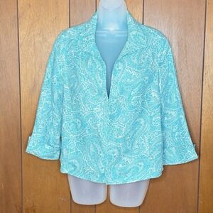 Kim Rogers Linen Jacket Women M Aqua Paisley Boho Coastal Resort Chic Minimalist